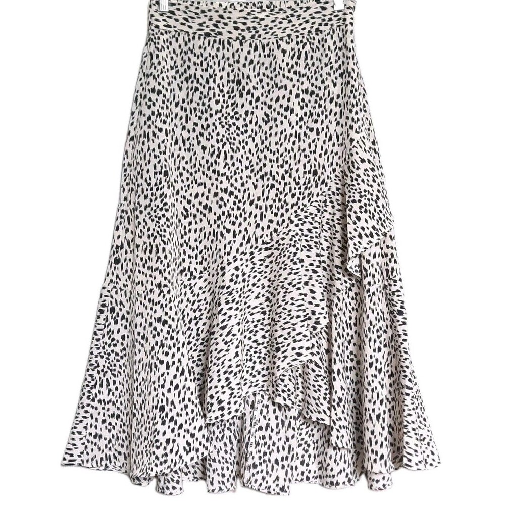 Black Cream Flowy Animal Print Chiffon Hi-Low Midi Ruffle Asymmetrical Skirt S